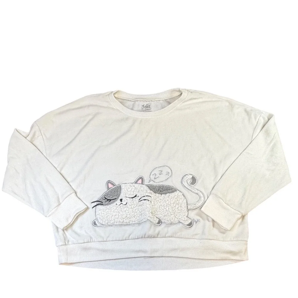 Justice Girls White Sleeping Cat Sherpa Graphic Sweatshirt Size 12/14 L J9